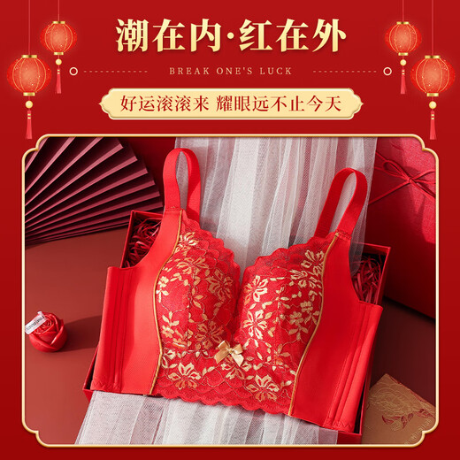 聚拢狐狸本命年大红色内衣女小胸显大无钢圈幸福.狐狸结婚龙年文胸罩套装 2882+3886(2套装) 38B/85B