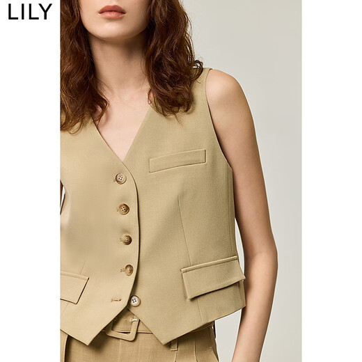 LILY秋新款女装复古都市中性无领修身通勤H型松弛感百搭马甲 717卡其 M