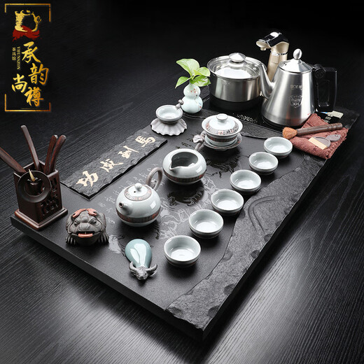 Chengyun Shangzun Black Gold Stone Tea Tray Home High-end Kung Fu Tea Set Fully Automatic One-in-One Four-in-One Simple Tea Table Office Fish Playing Lotus Pond Black Gold Stone K33-Geliang Tangyun