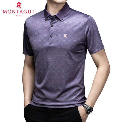 
MONTAGUT 100% Mulberry Silk Short Sleeve T-shirt Men Middle-aged High-end Silk Men T-shirt Summer Business Short Sleeve Men Shining Silk Daddy Outfit Gray M13603 165/84A
