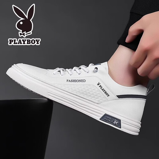 Playboy Men's Shoes 2024 Осенью Новая подлинная кожаная дышащая спорт и повседневная белая туфли мужская мягкая подошва Тренд 671 Белый 39 [Стандартный размер спортивной обуви]
