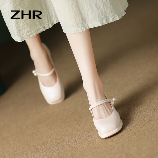 ZHR玛丽珍鞋女春秋复古法式粗高跟单鞋女方头优雅女鞋EHSA37米色37