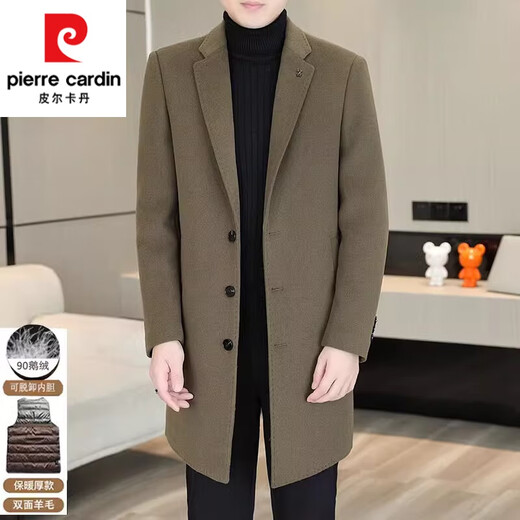 皮尔卡丹（pierre cardin）鹅绒内胆羊毛双面呢外套男士加厚毛呢大衣男秋冬中长款羊 绒风衣 卡其色MN5582【西装领羊毛双面呢 L (110-125斤)