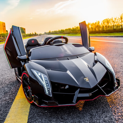 Baby Tiger Lamborghini children's electric car four-wheel sports car with remote control car baby toy car for little boys and girls can seat people four-wheel drive black large battery + soft wheels