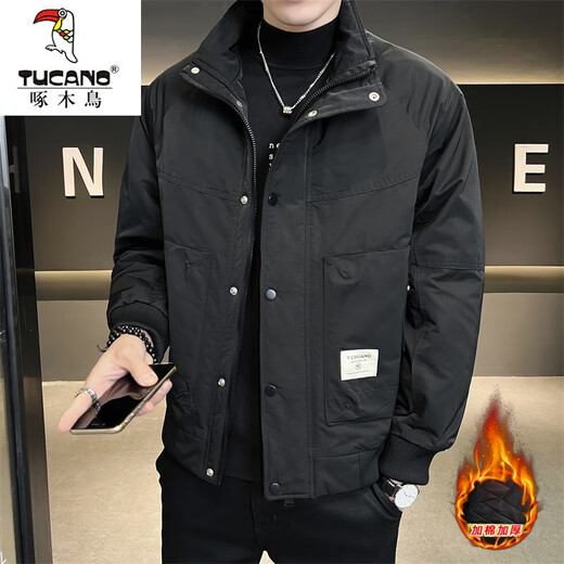 Woodpecker (TUCANO) Cotton Thickened Men's Warm Jacket Autumn and Winter New Style Jacket Casual Trendy Versatile Workwear Stand Collar Men's Cotton Jacket 858 Cotton Jacket Khaki XL 130-140Jin Jin is equal to 0.5 kg
