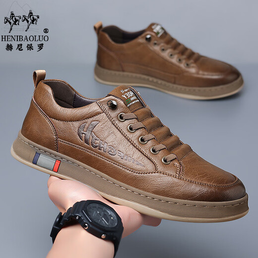 Henipolo sports shoes for men new style cowhide leather men's trendy sneakers for men all-match business casual shoes non-slip low-top men's shoes brown 43 (265mm) leather shoe size