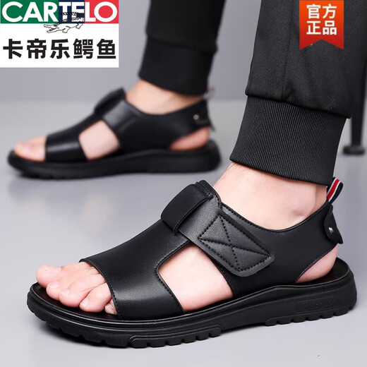 CARTELO Sandals Men's genuine leather 2025 new summer breathable non-slip outdoor beach shoes casual thick-soled driving sandals CLP6189 black 38