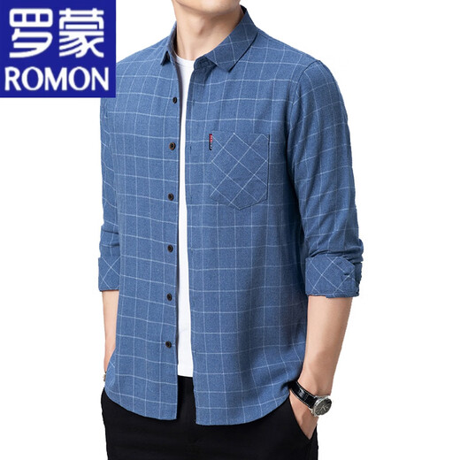 罗蒙（ROMON）纯棉长袖衬衫男春夏季薄款中老年男装格子宽松大码全棉衬衣男 长袖薄款6622绿色 170/L建议115-135斤