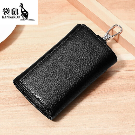袋鼠真皮钥匙包男女多功能三折钱包头层牛皮钥匙扣包时尚潮卡位零钱 黑色