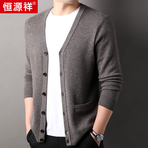 
Hengyuanxiang 100% pure wool cardigan men's V-neck solid color sweater autumn and winter new sweater trendy jacket 1520222 China Coffee M 170/48/105