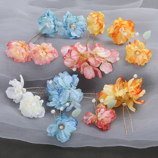 Meng Junchen antique style silk flower headdress, permed small hairpin, Hanfu hair accessory, flower hairpin U hairpin, children's hairpin, dried flower accessories, aromatic-B-gradient orange