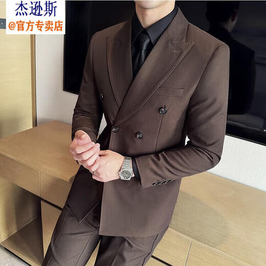 Jason's Double Breasted Suit Men's Suit High-end Banquet Business Professional Formal Wear British Style Handsome Slim Suit Jacket Brown (Single Suit) M (100-120Jin Jin is equal to 0.5kg)