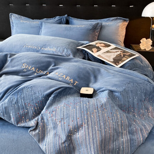 Mercury series autumn and winter light luxury milk velvet four-piece baby velvet thickened warm quilt cover embroidered bedding baby bed sheet supplies SR Meteor-Bentley Blue 2.0m bed sheet style four-piece quilt cover 220*240
