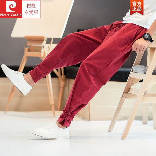 皮尔卡丹（pierre cardin）亚麻休闲长裤男士中国风宽松哈伦裤大码束脚运动九分裤男灯笼裤子 黑色 2XL 160-179