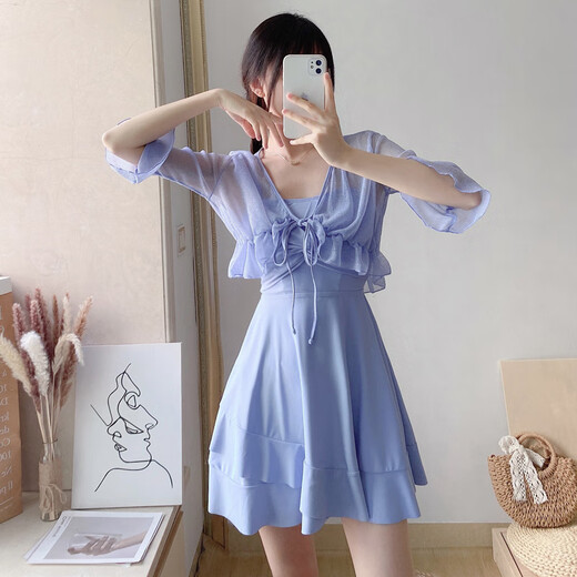 Bo Na Ling swimsuit women's ins hot spring swimsuit one-piece swimsuit outer skirt conservative sexy sun protection short sleeves slimming belly cover blue skirt swimsuit 80-120Jin Jin is equal to 0.5 kg