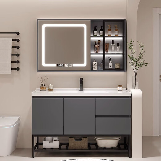 
Simple solid wood ceramic basin integrated basin bathroom cabinet floor-standing wash basin cabinet combination bathroom face washing custom 12048 light luxury gray smart mirror cabinet floor cabinet style