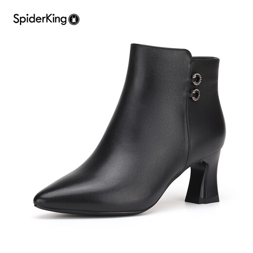 Spider King Boots Women's Autumn and Winter New Genuine Leather Thick Heel Plus Velvet Leather Shoes Pointed Toe Women's High Heel Short Boots Versatile Women's Shoes Ankle Boots Black Velvet 35