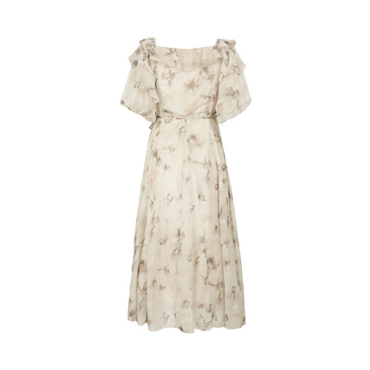 
S.DEER San Dior Summer Women's Fashion V-neck Ruffle Printed Mesh Waist Dress S242Z1289 Pink Brown/39 S (160)