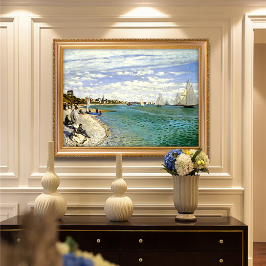 帝旗莫奈世界名画 帆船比赛 手绘印象风景油画入户玄关装饰画欧式挂画 692金实木框 220X100