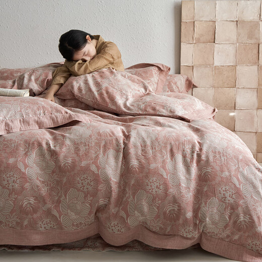 Mercury series autumn and winter thickened high-end retro plant and flower Class A cotton double-layer jacquard bed four-piece maternal and infant grade sheets Forest Blue - Class A maternal and infant grade 1.8m bed sheet style four-piece set suitable for 200x230c