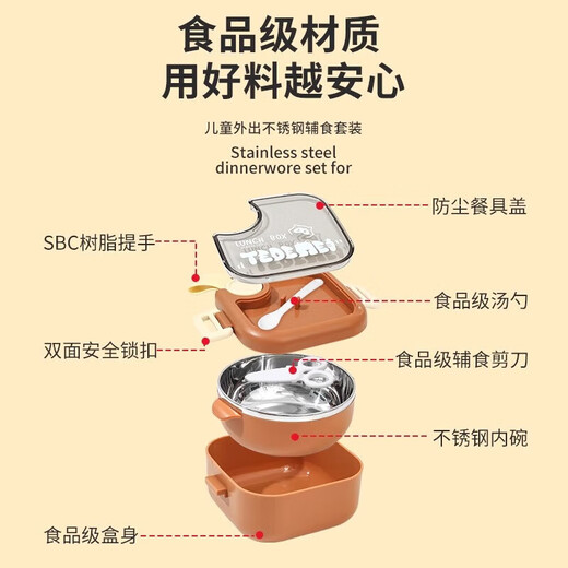 宝宝外出辅食碗儿童便携餐具婴儿碗勺携带套装不锈钢防摔 【304不锈钢】米咖色-四件套 -