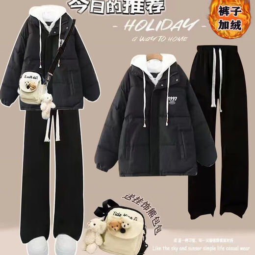 FHHUABD冬季女装全套小个子可爱加绒加厚包包套装女学生韩版宽松面包 牛仔裤 1396# S  建议80-95斤