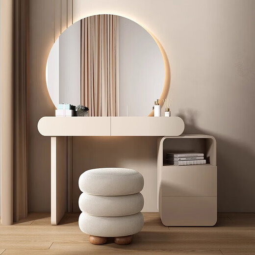 Excellent cream style solid wood dressing table bedroom drawer cabinet integrated bedside table light luxury 2025 new small apartment dressing table 120cm dressing table + drawer cabinet + large round mirror + stool