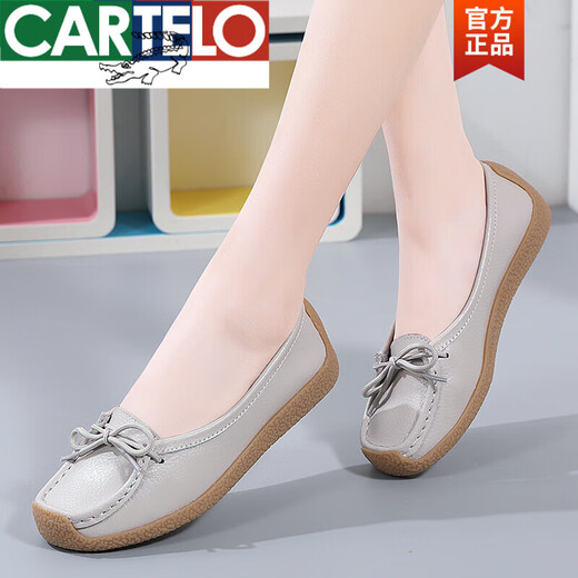 CARTELO 2025 new product spring and summer genuine leather shallow mouth flat bottom flat heel small white shoes women's hollow bean shoes mother's shoes non-slip rest 688 black punching 41