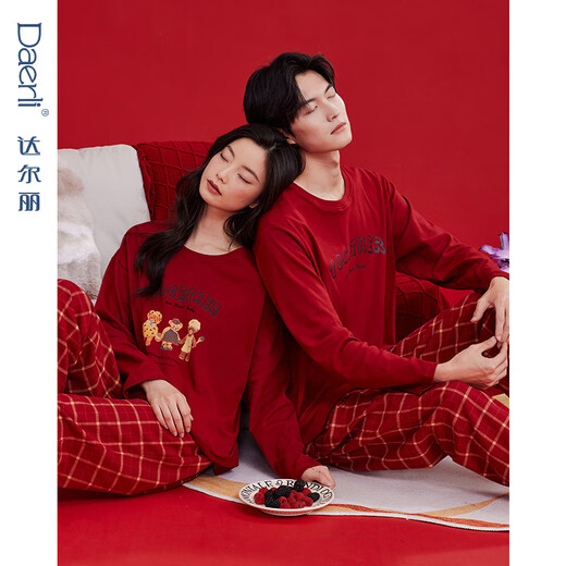 Darli red round neck couple pajamas for women spring and autumn pure cotton long-sleeved cartoon print wedding year red home clothes for men T8245243-029-red women M