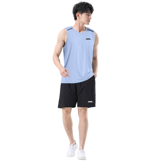 
Allen Burton fitness clothes men's running speed dry vest sports suit summer ice silk sleeveless T-shirt teenager basketball training vest two-piece set-blue L [130-145Jin[Jin equals 0.5 kg]]