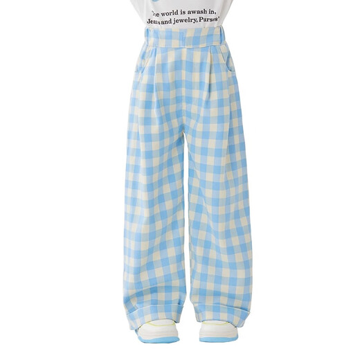 moonkids girls blue plaid pants summer thin wide-leg pants 2025 new children girls pants summer casual straight [15266 blue plaid +15279 gray] 110 cm