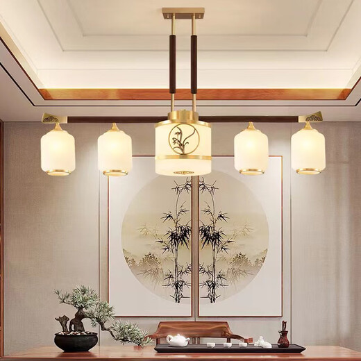 灯乔全铜新中式餐厅吊灯现代中国风长条餐桌书房茶室实木客厅灯具9275 5头餐吊-三色光【铜+黑胡桃木】