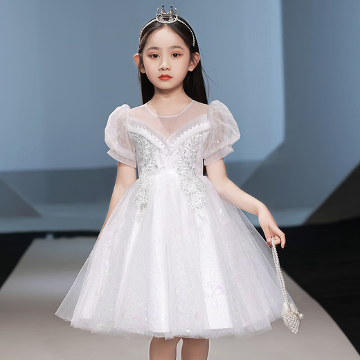 
Annie Youer children's dress princess skirt fashionable flower girl high-end girl evening dress girl piano playing host performance costume white short short sleeve 130