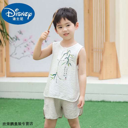 Disney baby boy summer vest cotton linen two-piece set handsome 2025 new baby casual clothes children's sleeveless suit trendy white suit 120 suggest 110-120cm3-4 years old cm