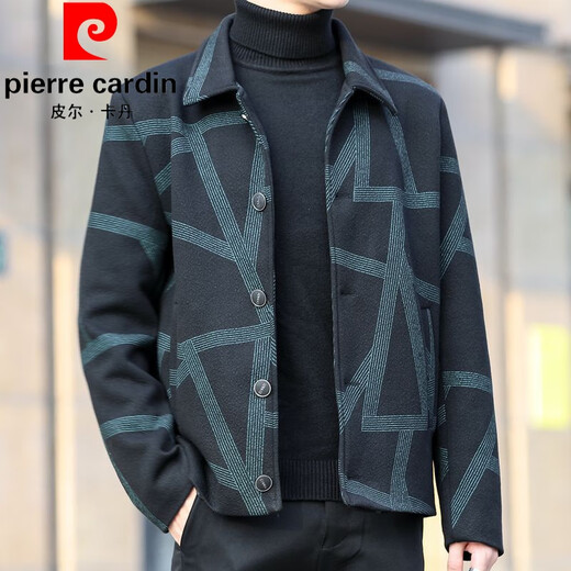 Pierre Cardin men's high-end short lapel jacket spring and autumn casual business color-blocked executive plaid buttoned top black regular XL 120-135Jin Jin equals 0.5 kg
