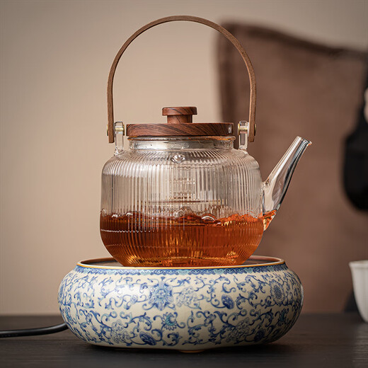 Xi Yuanji blue and white Ru kiln electric pottery stove for tea kettle and stove tea pot household thickened high temperature resistant glass tea kettle and kettle flowery beige Ru kiln round melt electric pottery stove + transparent vertical pattern lifting beam kettle
