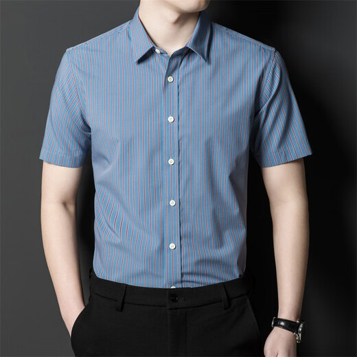 JASONWOOD high-end brand men's short-sleeved shirt men's summer thin stripes business casual loose men's shirt top light gray stripes L 175/50
