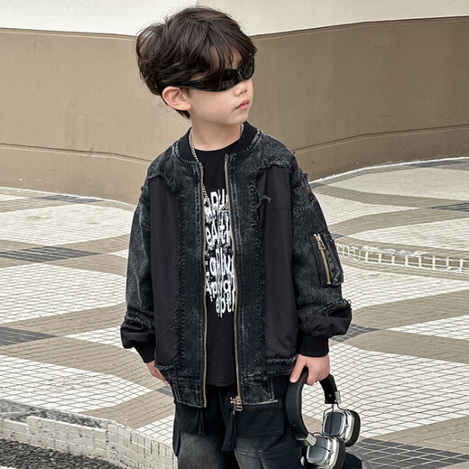 G.DUCKKIDS男童春秋款工装外套2025新款儿童痞帅运动连帽衫男孩时髦春季穿搭 HY2575款牛仔毛边拼接外套黑色 120 尺码5~6岁 【110-120cm】