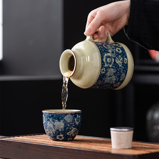 Yunhua Ru kiln blue and white stuffy teapot can grow retro mug large capacity cold kettle with lid ceramic anti-scalding warm kettle cup flower kettle + single cup 450ml