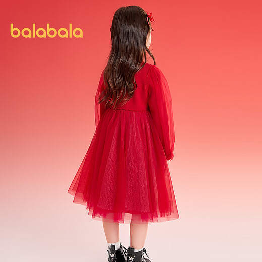Balabala Guobo IP children's clothing girls dress national style spring and autumn knitted mesh skirt western style princess New Year red 00466 130