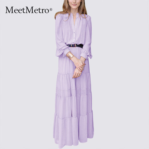
MeetMetro Mayer French fairy dress for women 2025 autumn new high-end temperament pure and sexy skirt dress long skirt lotus powder [spot lightning] L
