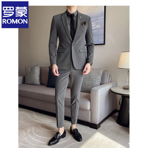 ROMON high-end suit suit for men, business casual, versatile suit, two-piece suit, Korean version, slim fit groom's wedding dress, light gray two-piece suit (suit + pants) 2XL Recommendation 135Jin Jin is equal to 0.5kg -149Jin Jin is equal to 0.5kg