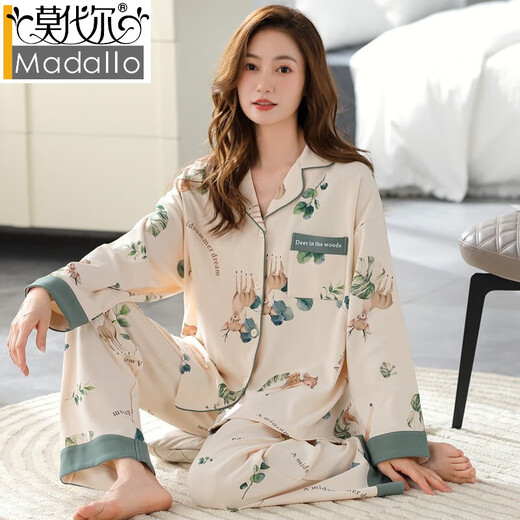 Modal pure cotton pajamas women's cardigan lapel printed autumn suit breathable and can be worn outside with all cotton casual women's home clothes LFT9227 M