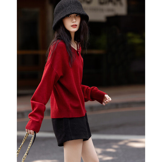 Demana autumn and winter passionate French big sister V-neck sweater temperament beaded sweater women's top Chinese red XL