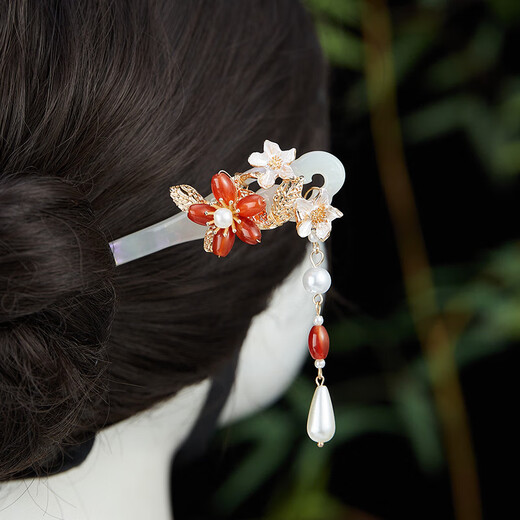 Wanbaozi Simple Summer Classical Daily Updo Hairpin Hosta Cheongsam Hanfu Matching Temperament Hairpin Ancient Style Headdress Women's Red Jade Hosta