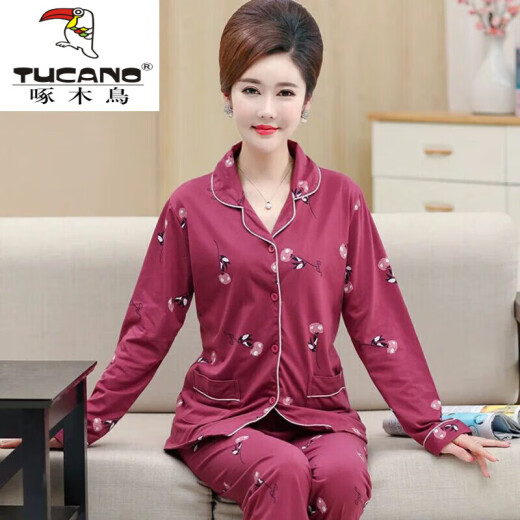 啄木鸟睡衣女春秋季棉长袖中老年人妈吗中年棉薄款家居服套装加大码 9926 XL 建议115-135斤