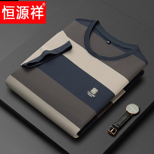 Hengyuanxiang 2024 Sommer Neu gestreifte Kurzärmel-T-Shirt Sticked Large-Size-Oberteil mit Bottoming Out Dad Men's Clothing 6197-Denim Blue 48