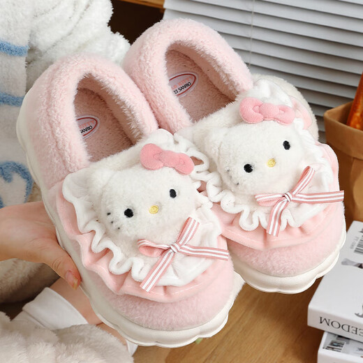 Bermuda Qingchen cotton slippers for boys and girls in autumn and winter new cute cartoon parent-child home warm furry anti-slip bag heel cotton shoes KT cat bag heel parent-child model 36-37 suitable for 35-36