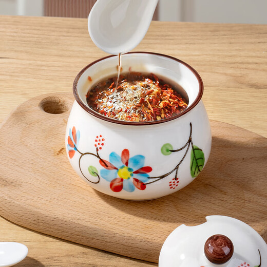 Huangsi ceramic seasoning jar combination household seasoning box kitchen storage seasoning utensils salt jar sugar jar chili jar seasoning jar ceramic seasoning jar with spoon (without tray)