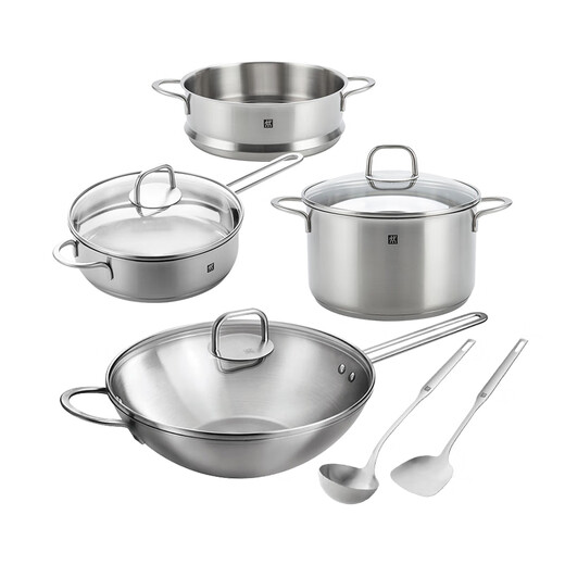 ZWILLING Nova Plus set wok, steamer, soup pot, steamer, frying pan, spatula, pot, spoon, kitchenware set, stainless steel pot, 6-piece set